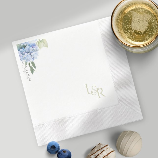 White | Watercolor Sage & Blue Hydrangea Wedding  Napkin (Creator Uploaded)