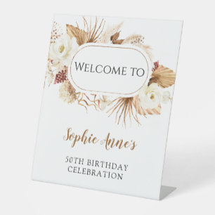White Watercolour Flowers Pampas Grass Birthday Pedestal Sign