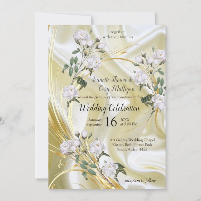 White Watercolour Roses painted on Champagne Silk Invitation (Front)