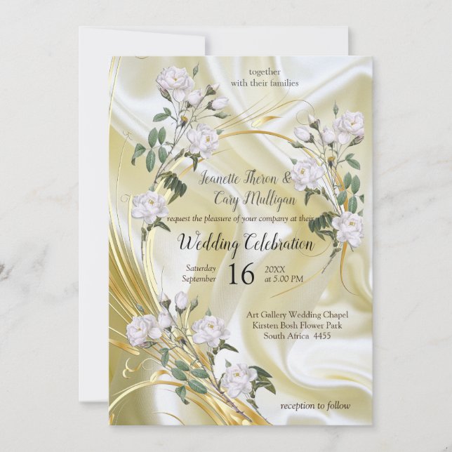White Watercolour Roses painted on Champagne Silk Invitation (Front)