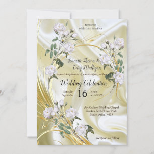 White Watercolour Roses painted on Champagne Silk Invitation