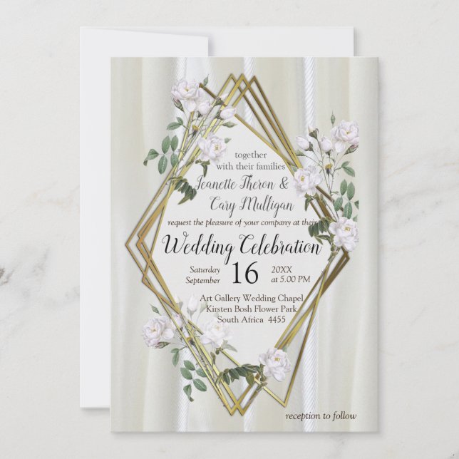 White Watercolour Roses painted on Champagne Silk Invitation (Front)