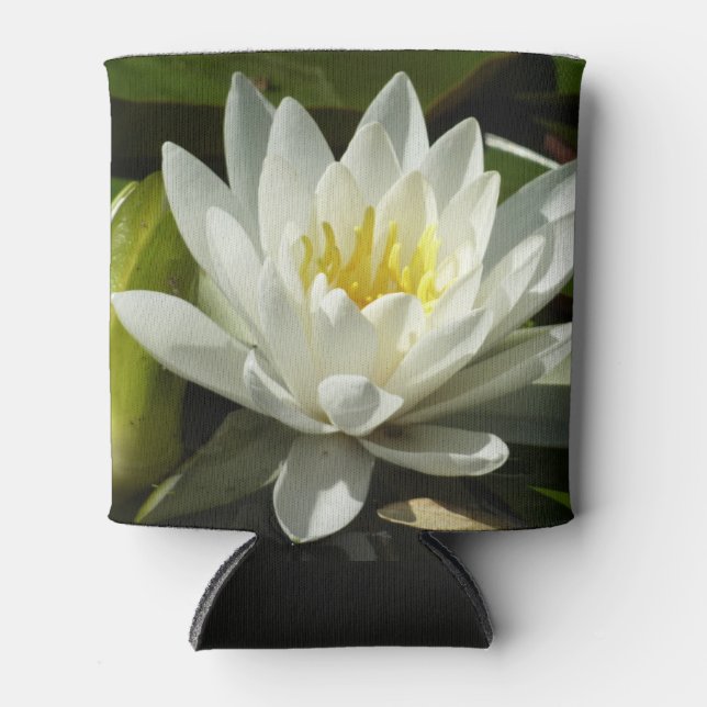 White Waterlily and Bud Floral Can Cooler (Front)
