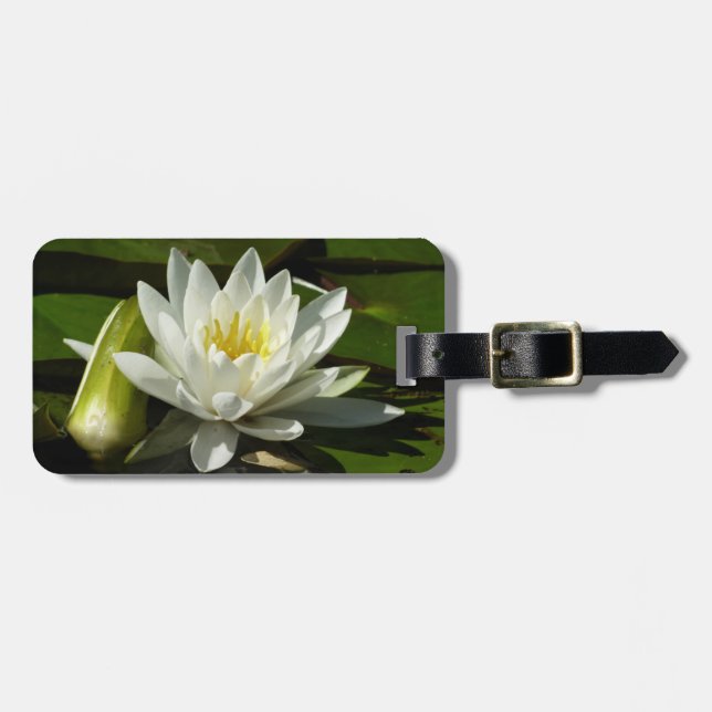 White Waterlily and Bud Floral Luggage Tag (Front Horizontal)