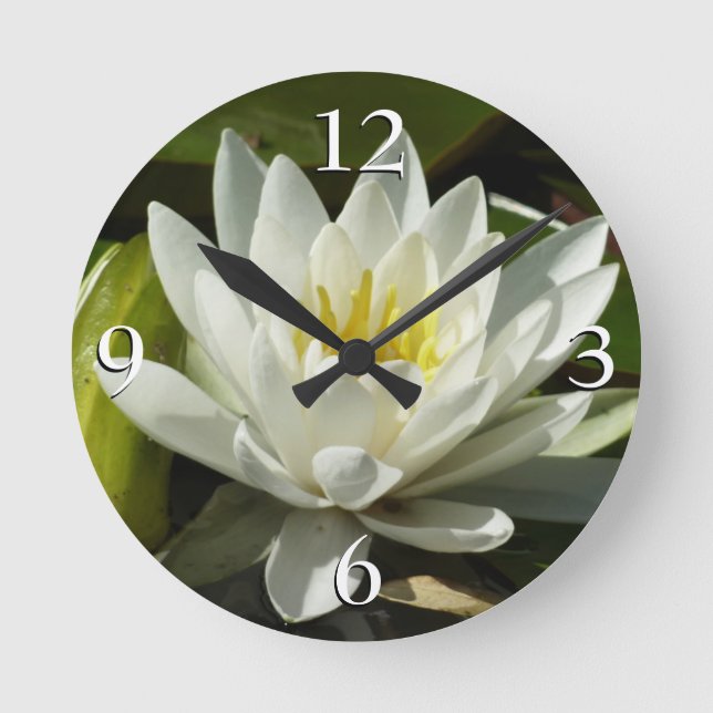White Waterlily and Bud Floral Round Clock (Front)