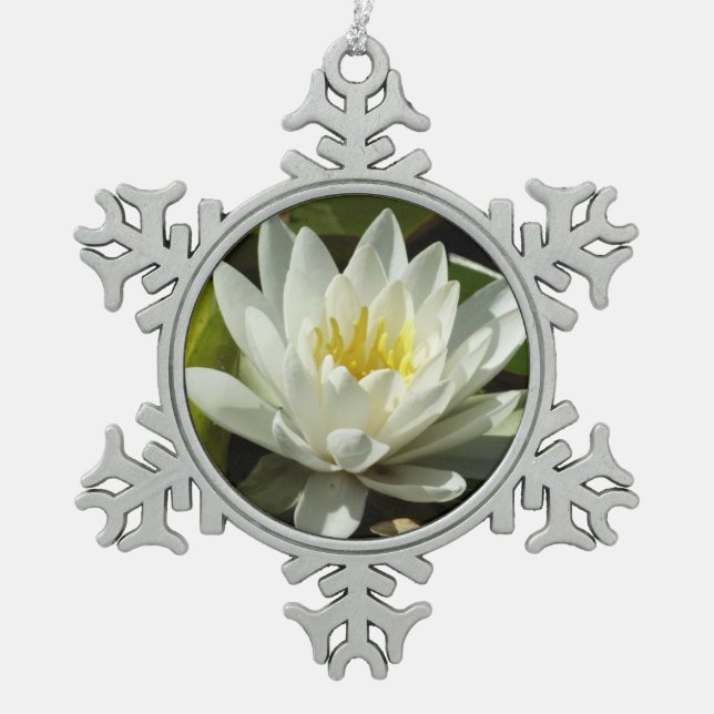 White Waterlily and Bud Floral Snowflake Pewter Christmas Ornament (Front)