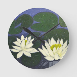 White Waterlily Flowers in a Pond. Round Clock
