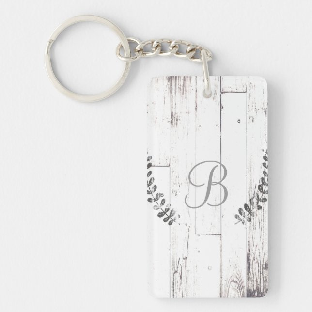 White Weathered Wood Rustic Farmhouse Botanical Key Ring (Front)
