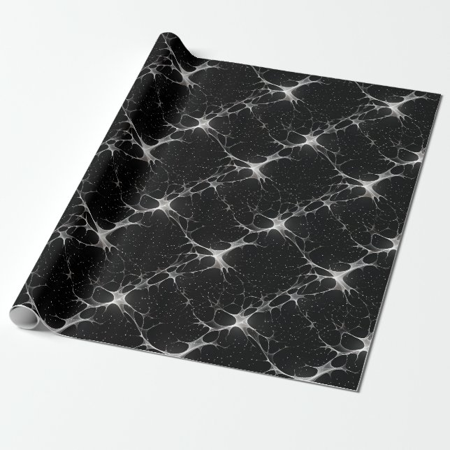 White Webs & Dots on Black Wrapping Paper (Unrolled)