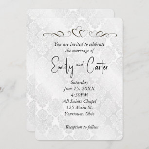 White Wedding Damask with Hearts Invitation