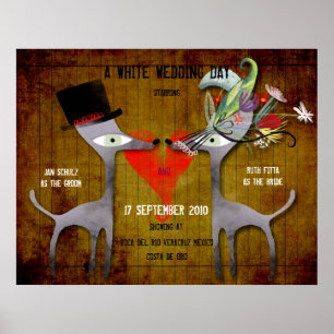 White wedding day invitation groom bride vintage poster