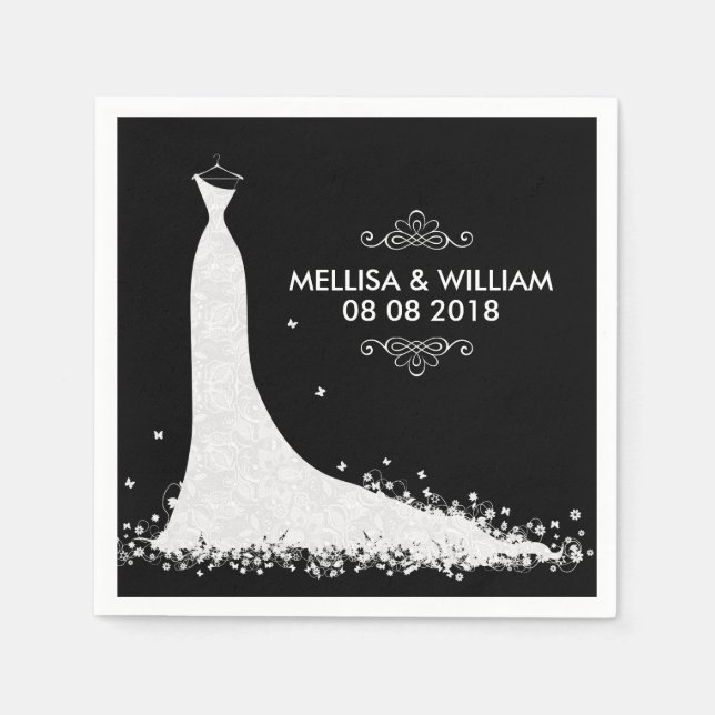 White Wedding Dress & Black Background Napkin (Front)