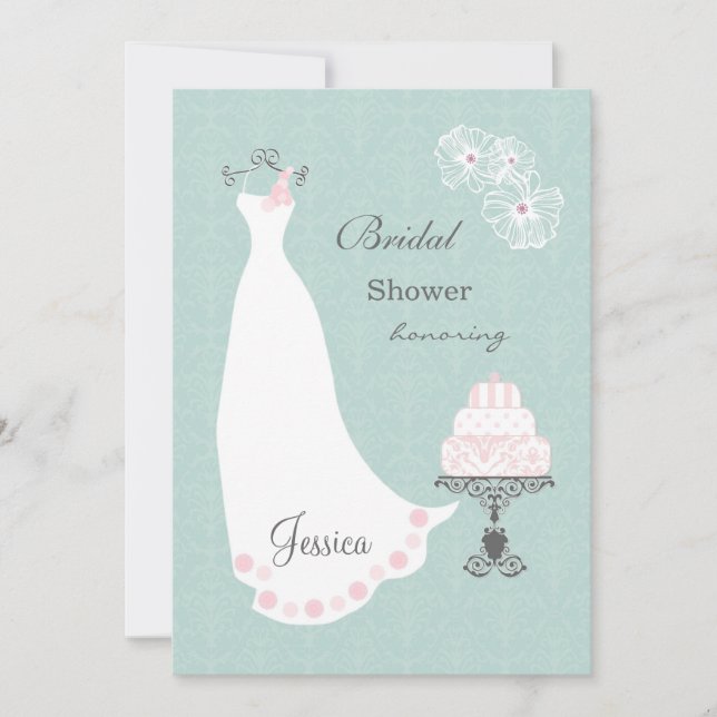 White wedding dress, cake on aqua  Bridal Shower Invitation (Front)