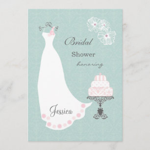 White wedding dress, cake on aqua Bridal Shower Invitation
