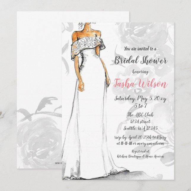 White Wedding Dress Elegant Bridal Shower Invitation (Front/Back)