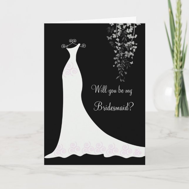 White Wedding dress on black Bridesmaid Request Invitation (Front)