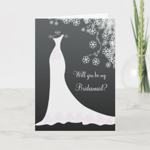 White Wedding dress on black Bridesmaid Request Invitation