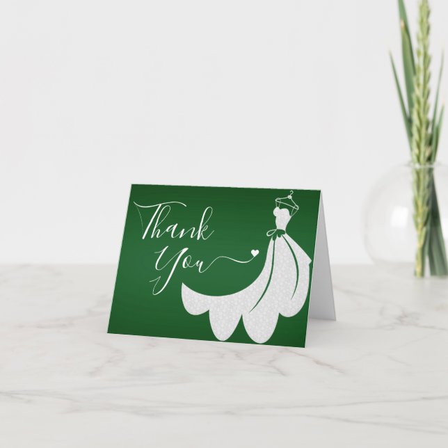White Wedding Dress on Green Bridal Shower Thank You Card (Front)