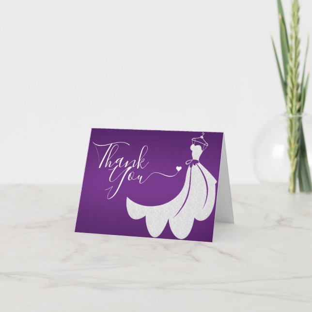 White Wedding Dress on Purple Bridal Shower Thank You Card (Front)