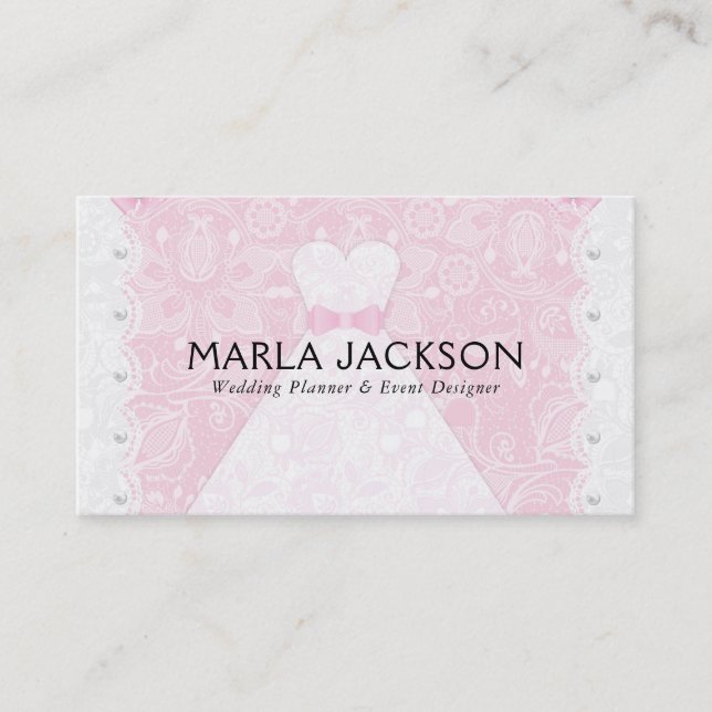 White Wedding Dress Pink Lace Business Card (Front)
