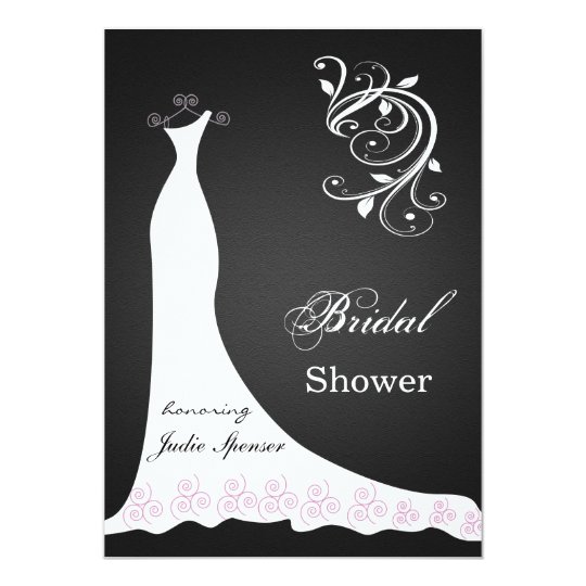White wedding dress swirl on black Bridal Shower Card