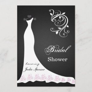 White wedding dress swirl on black  Bridal Shower Invitation