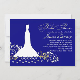 White wedding dress, swirls on blue Bridal Shower Invitation