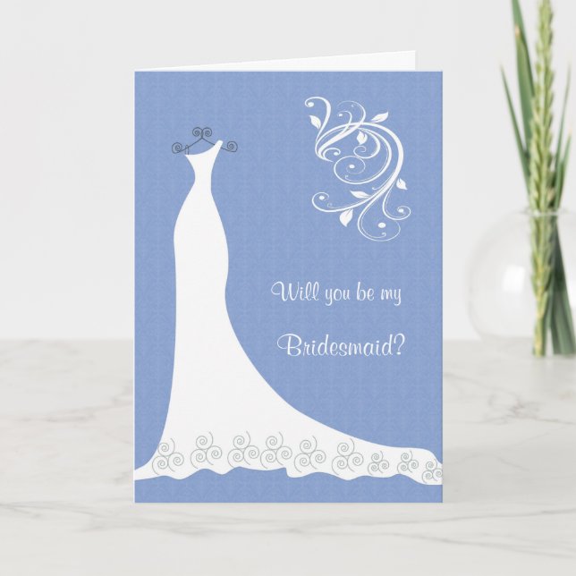 White Wedding dress, swirls on blue Bridesmaid Invitation (Front)