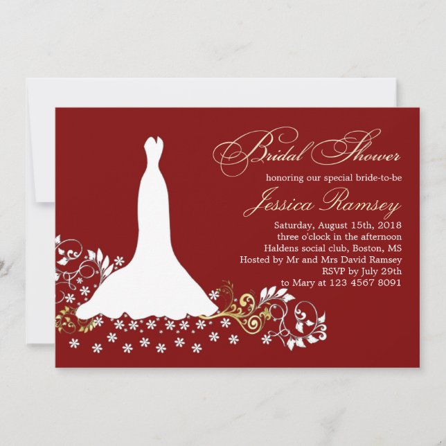White wedding dress, swirls on red Bridal Shower Invitation (Front)