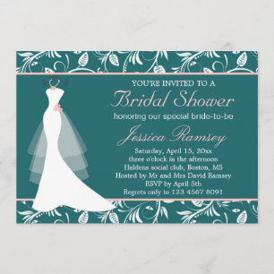 White wedding dress, teal Bridal Shower Invitation