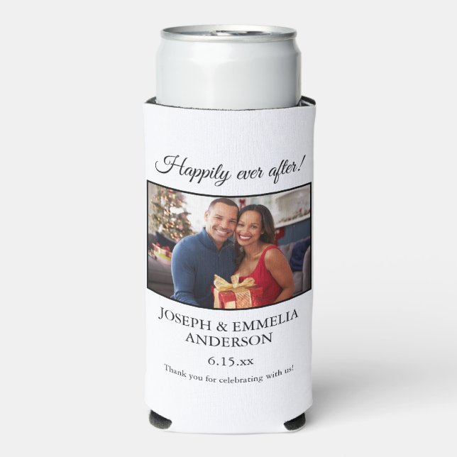 White Wedding Favour Photo Happily Ever After Seltzer Can Cooler (Seltzer Front)