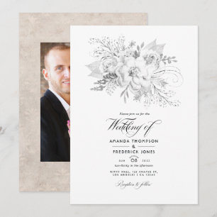 White Wedding Floral Photo Invitation