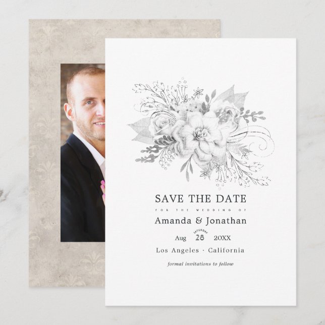 White Wedding Floral Photo Save The Date (Front/Back)
