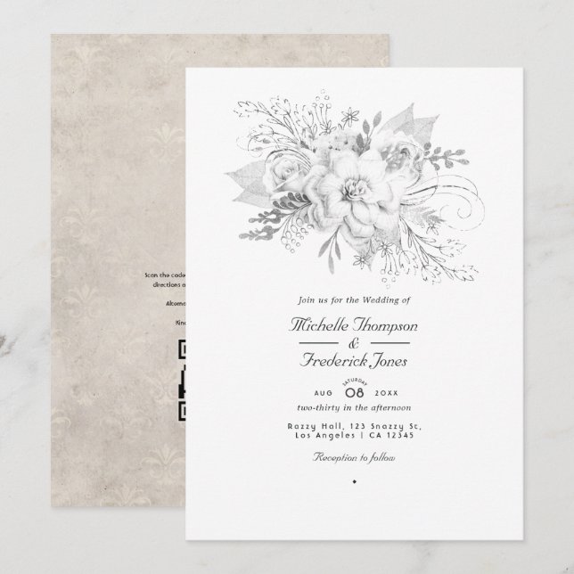 White Wedding Floral QR Code RSVP Invitation (Front/Back)