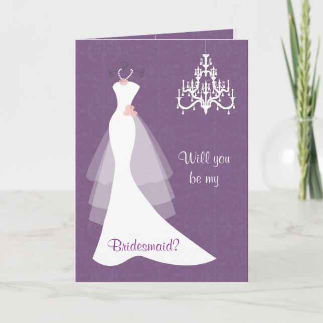 White wedding gown chandelier on purple Bridesmaid Invitation (Front)