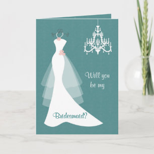 White wedding gown chandelier on teal Bridesmaid Invitation