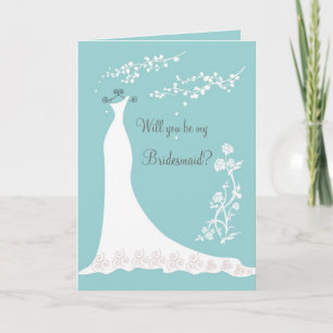 White Wedding gown on aquamarine Bridesmaid Invite