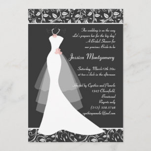 White wedding gown on black Bridal Shower Invite