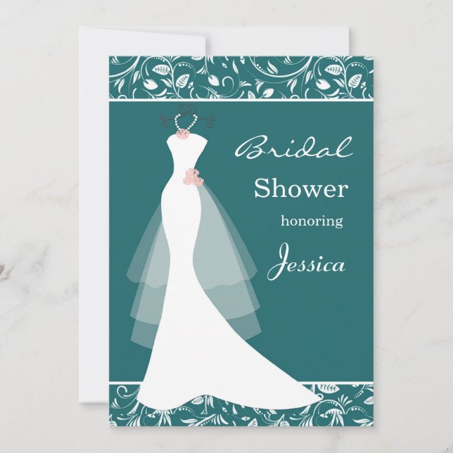 White wedding gown on teal Bridal Shower Invite (Front)
