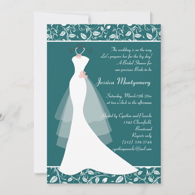 White wedding gown on teal Bridal Shower Invite (Front)