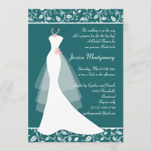 White wedding gown on teal Bridal Shower Invite