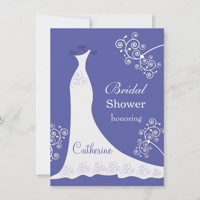 White wedding gown, swirls on blue Bridal Shower Invitation (Front)