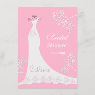 White wedding gown, swirls on pink Bridal Shower Invitation