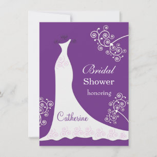 White wedding gown, swirls on purple Bridal Shower Invitation