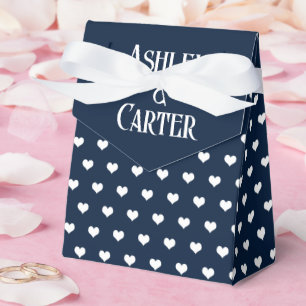 White Wedding Hearts On Navy Blue Favour Box