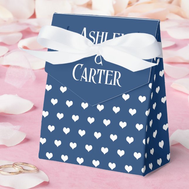 White Wedding Hearts on Navy Blue Favour Box (Wedding)