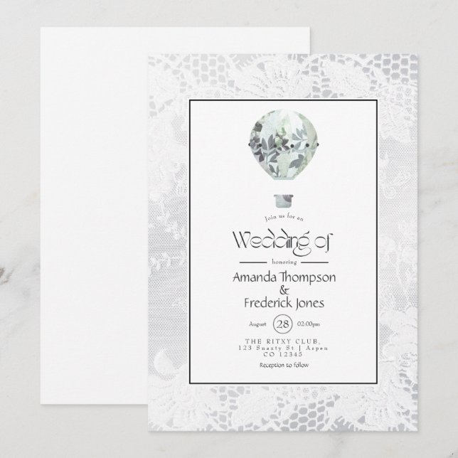 White Wedding Hot Air Balloon and Lace Wedding Invitation (Front/Back)
