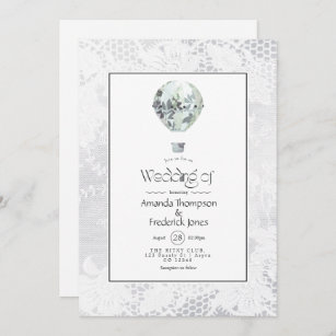 White Wedding Hot Air Balloon and Lace Wedding Invitation