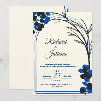white wedding invitation with blue flowers