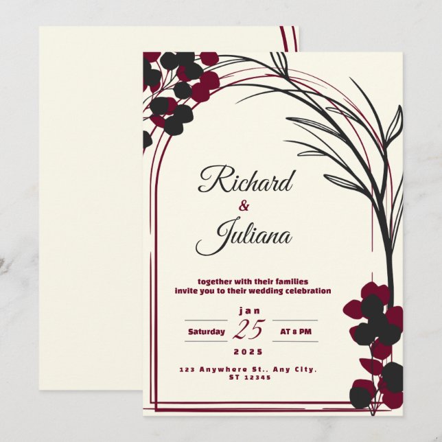 white wedding invitation with burgundy flowers (Front/Back)